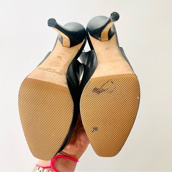 JIMMY CHOO Classic Black Leather Open Peep Toe Heeled Slingback Sandals Shoes 38 - Picture 11 of 16